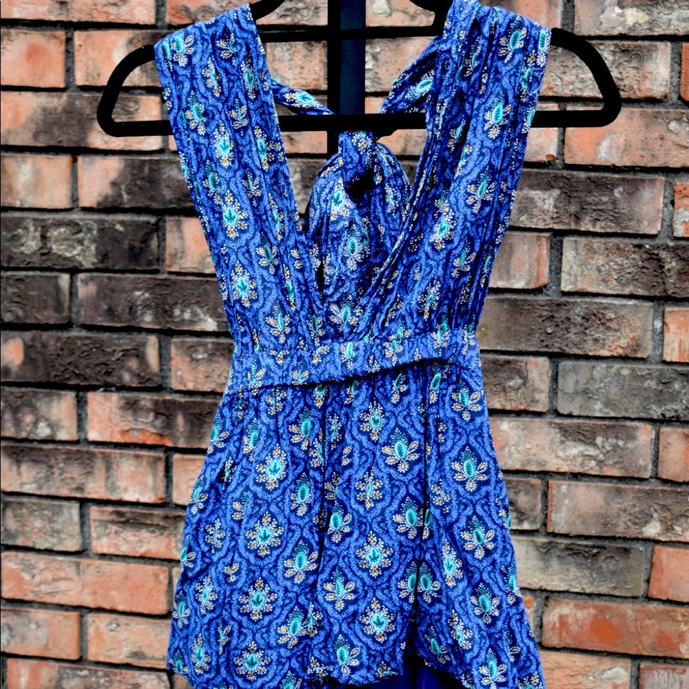Peacock print tie romper